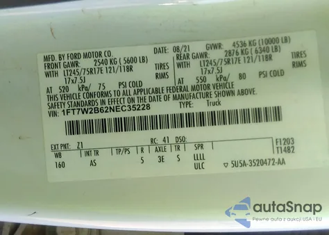 2022 Ford F-250 Xl from USA, damaged, VIN 1FT7W2B62NEC35228